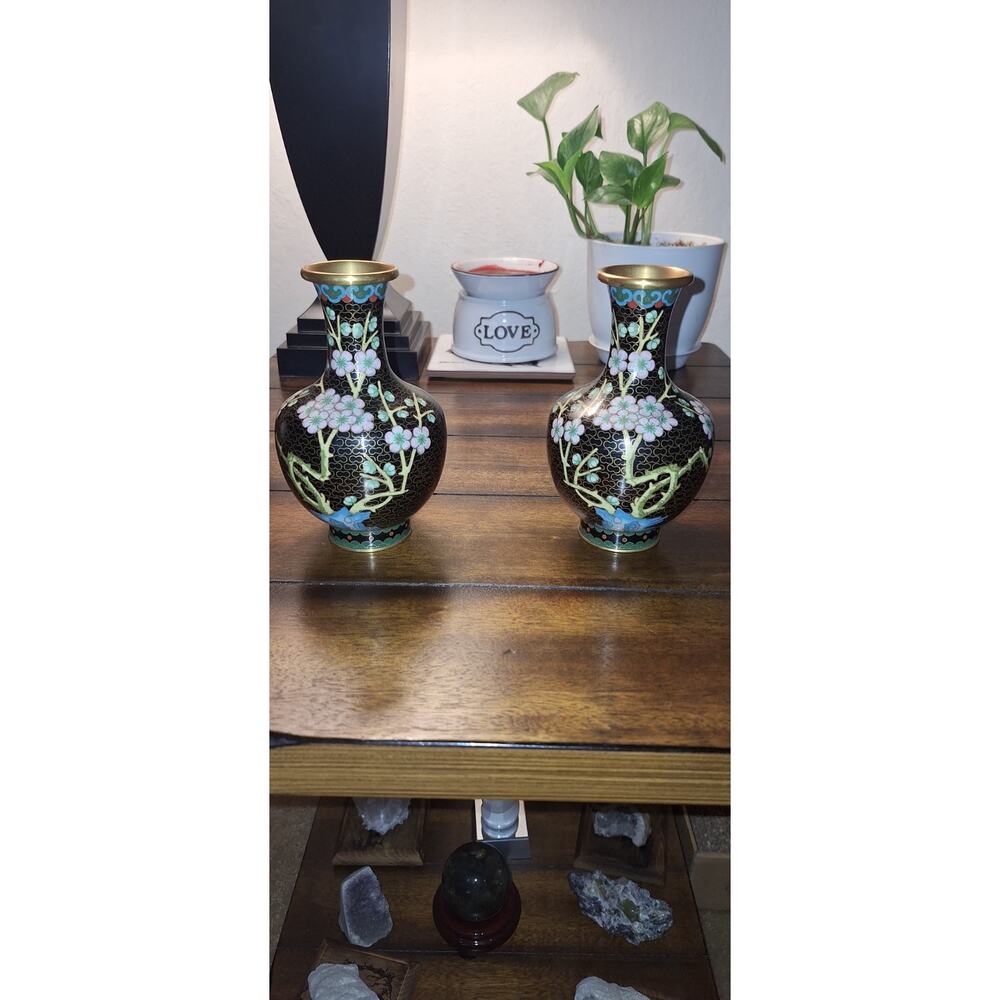 Pair of Vintage Chinese Cloisonné Vases 6.5 Inches – with Flower/ Vase Image